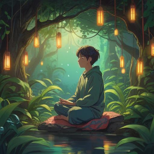 A serene and peaceful scene depicting a person meditating in a tranquil natural setting, surrounded by vibrant plants and soft glowing lights, ethereal energy flowing around them, harmonious colors, a gentle stream in the background, uplifting atmosphere, conveying a sense of balance and spiritual alignment, 4k