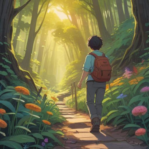 A serene landscape illustration, a person discovering a hidden path, gentle sunlight filtering through trees, vibrant wildflowers along the trail, a sense of curiosity and wonder, soft focus on the character, nature's beauty surrounding them, peaceful atmosphere, 4k