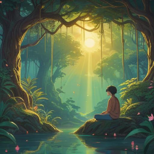 A serene and uplifting scene depicting the spiritual significance of finding a lost wallet, lush nature surrounding a person in meditation, rays of sunlight breaking through the trees, symbols of abundance and luck floating in the air, a gentle breeze making leaves dance, a feeling of hope and gratitude, rich colors, harmonious composition, 4k
