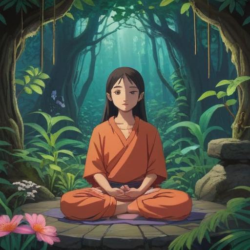 A serene scene depicting a person meditating in a tranquil environment, surrounded by nature, calming colors, peaceful expression, deep breathing techniques, inner peace visualization, harmonious atmosphere, sunlight filtering through trees, mindfulness practice, 4k