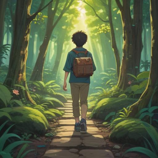 A serene illustration of a person standing on a path surrounded by lush forest, sunlight filtering through the trees, a small treasure box partially buried in the ground, a sense of wonder and discovery in the air, exploring one's inner self after finding something lost, vibrant colors, dreamlike atmosphere, whimsical details, 4k