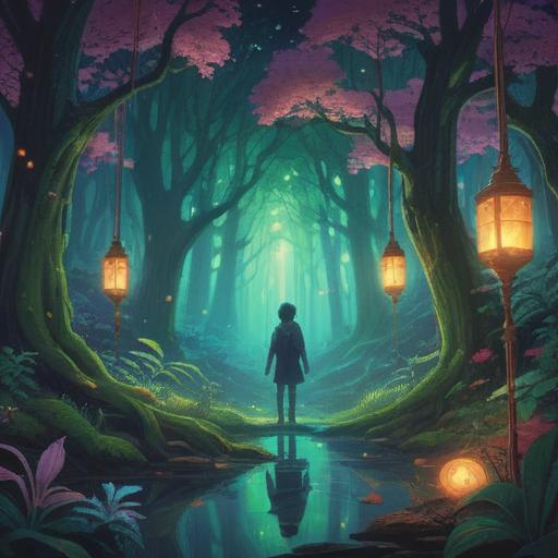 A mystical scene depicting a person looking at a shimmering light in the forest, symbols of intuition surrounding them, ethereal glow, soft whispers of the universe, hints of lost items appearing in the shadows, a feeling of anticipation and connection to the unseen, vibrant nature, 4k
