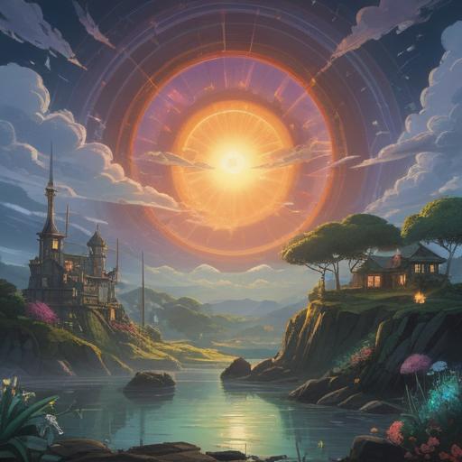 A serene landscape with a glowing light, symbolic elements representing lost items, ethereal atmosphere, soft rays of sunlight breaking through clouds, hints of spiritual guidance, gentle flowing river reflecting the surroundings, lush greenery, animals interacting harmoniously, 4k