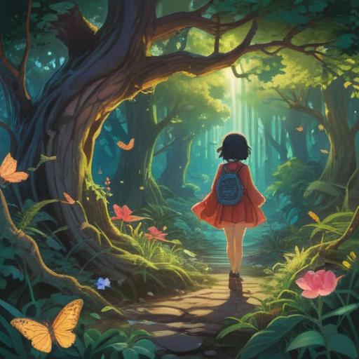 A whimsical illustration of a character searching for a lost lucky charm, surrounded by vibrant nature, sparkling light filtering through trees, expressions of hope and determination, mystical aura, symbols of luck like four-leaf clovers and horseshoes, enchanting scenery, 4k