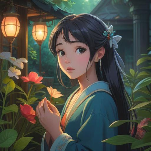 A serene and mystical scene depicting the moment a lost earring is found, ethereal light illuminating the surroundings, a tranquil garden filled with vibrant flowers, a gentle breeze rustling the leaves, a feeling of connection to the universe, golden rays of sunlight breaking through the trees, symbolic representation of intuition and discovery, peaceful atmosphere, spiritual awakening, 4k