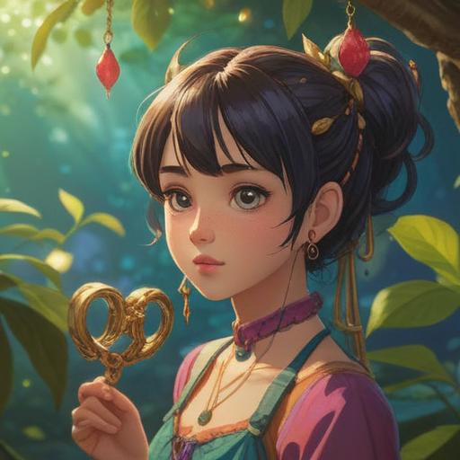 A whimsical scene of a lost earring being discovered, surrounded by sparkling lucky charms, soft sunlight filtering through leaves, vibrant colors, a sense of joy and surprise, enchanting atmosphere, detailed objects including a small bird and flowers, serene setting, 4k