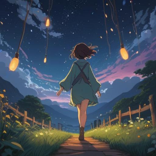 A serene, dreamlike scene depicting a person sleepwalking under a starlit sky, ethereal glow surrounding them, gentle floating lights symbolizing spiritual guidance, soft pastel colors, tranquil expression, delicate details emphasizing a peaceful journey, nature elements around, harmonious atmosphere, 4k