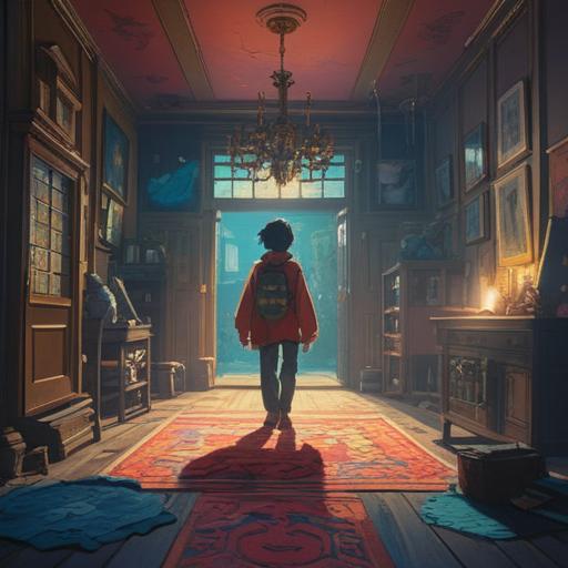 A surreal dreamlike scene, a figure walking in a dimly lit room, ethereal light casting shadows, symbolic imagery surrounding the figure, mysterious objects representing spiritual signs, subtle hints of the subconscious mind, tranquil yet unsettling atmosphere, open windows revealing a starry night sky, emphasis on the connection between dreams and spirituality, 4k