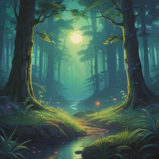 A serene and ethereal landscape representing the spiritual meaning of not dreaming, a tranquil forest bathed in soft moonlight, gentle mist swirling around ancient trees, a clear night sky filled with twinkling stars, subtle energy waves flowing through the air, a figure meditating peacefully amidst nature, harmonious colors, calming atmosphere, intricate details in foliage, 4k