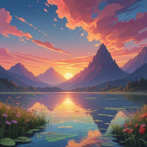 A serene landscape depicting a state of spiritual awakening, peaceful sunset over a tranquil lake, mountains in the background, gentle ripples on the water, soft light illuminating the scene, ethereal atmosphere, symbolic elements like floating feathers and luminous orbs, calm and mindful presence, 4k