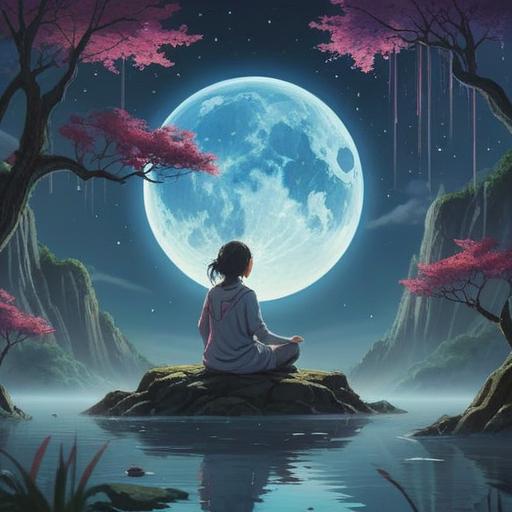 A serene scene depicting a person meditating under a full moon, soft light illuminating the surroundings, ethereal symbols floating in the air, a sense of calm and introspection, dark forest backdrop, mystical ambiance, subtle energy patterns, reflective water nearby, enhancing spiritual awareness, 4k