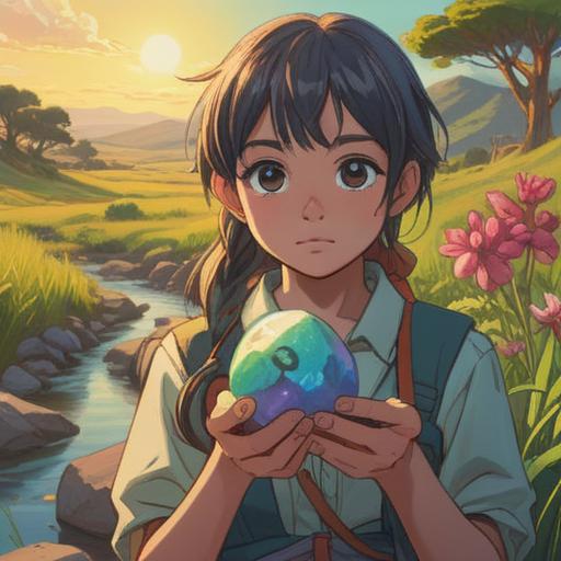 A serene illustration of a person holding a lucky stone, surrounded by a calm landscape, symbolizing hope and resilience, soft sunlight filtering through trees, gentle breeze rustling leaves, tranquil atmosphere, vibrant colors showcasing the stone's beauty, a sense of peace and determination, 4k