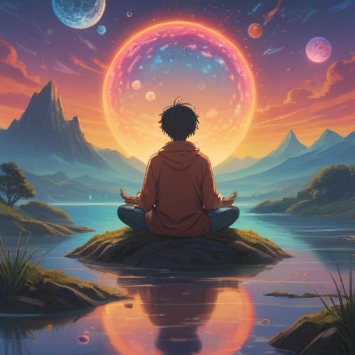 A serene and tranquil scene depicting a person meditating in a vast, ethereal landscape, surrounded by soft, glowing orbs of light, a calm river flowing gently nearby, silhouettes of distant mountains, the sky painted with pastel colors, symbolizing a state of peaceful awareness without dreams, harmonious energy, spiritual awakening, 4k
