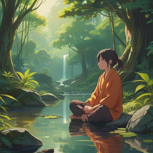 An illustration depicting a serene moment of self-reflection, a person meditating in a tranquil setting, surrounded by nature, soft sunlight filtering through trees, a calm lake reflecting the sky, gentle waves, leaves rustling in the breeze, peaceful atmosphere, inner peace and balance, 4k
