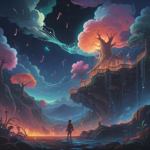 A surreal illustration of a dreamscape, flowing music notes transforming into colorful light beams, ethereal figures dancing among clouds, a serene night sky filled with stars, mystical symbols surrounding the scene, tranquil atmosphere, vivid colors, 4k