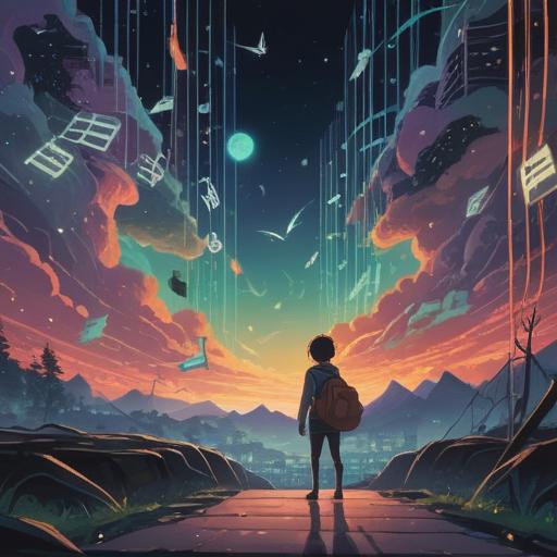 A surreal illustration depicting a dreamlike scene where musical notes float in the air, surrounded by ethereal lights and vibrant colors, a person meditating in the center, surrounded by mystical symbols, soft glow illuminating the surroundings, representing spiritual signs and awareness, enchanting atmosphere, 4k