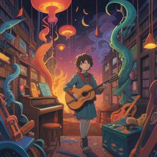 A surreal dream-like scene featuring musical symbols, vibrant colors, floating notes and instruments, a person smiling with a sense of wonder, stars shining in the background, soft light illuminating the scene, whimsical atmosphere, 4k