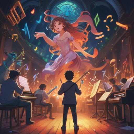 A vibrant illustration depicting a dreamlike concert scene, musicians immersed in their passion, colorful musical notes swirling around, an ethereal atmosphere, the essence of dreams conveyed through sound, diverse instruments harmonizing, a stage filled with light, inspiring audience members, conveying messages of hope and creativity, 4k
