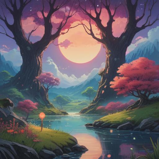 A serene, mystical landscape, a dreamlike scene with floating orbs of light, ethereal beings intertwined with nature, a radiant sunrise symbolizing new beginnings, sparkling water reflecting hope, gentle pastel colors, a sense of tranquility and awakening, 4k