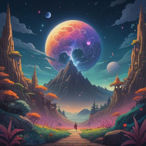 A surreal landscape where dreams and reality intertwine, ethereal figures representing spiritual signs, vibrant and contrasting colors, celestial elements such as stars and moons, dreamlike atmosphere, abstract shapes blending with tangible objects, deep symbolism, serene yet mysterious vibe, thought-provoking imagery, 4k
