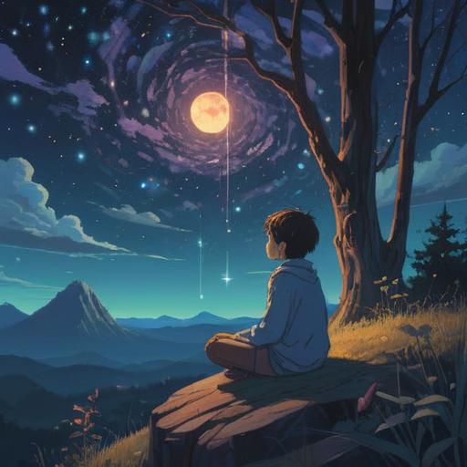 A serene and introspective illustration representing the absence of dreams, a peaceful night sky filled with stars, a person calmly meditating under the moonlight, ethereal light surrounding them, symbols of spiritual awakening, a gentle breeze suggested through flowing leaves, warm and calming color palette, a sense of clarity and enlightenment, 4k