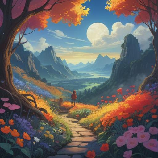 A surreal landscape depicting the moment someone stops dreaming, fragrant swirling mists, vibrant colors representing lost dreams, scattered aromatic herbs and flowers, gentle light illuminating the scene, a serene figure reflecting on life, dreamy elements fading away, enchanting atmosphere, 4k