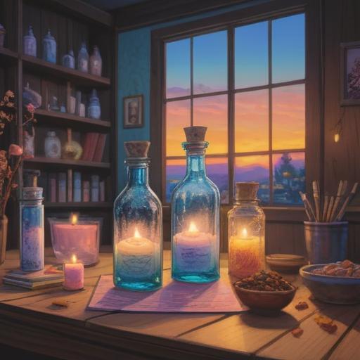 A tranquil scene depicting a serene aromatherapy space, soft pastel colors, beautiful essential oil bottles on a wooden table, calming candles lit, light steam rising, peaceful indoor plants surrounding, a gentle sunlight filtering through sheer curtains, inviting atmosphere, harmonious decor, promoting relaxation and mental reset, 4k