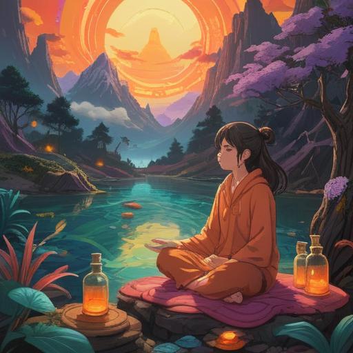A vibrant illustration of a person meditating, surrounded by swirling colorful scents, glowing essential oil bottles, dream-like landscapes in the background, a sense of transformation and positivity, ethereal light, magical aura, 4k