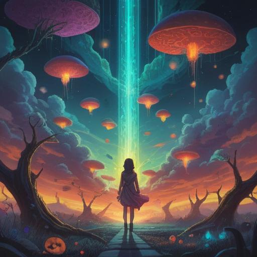 A surreal dreamscape depicting the feeling of déjà vu, ethereal symbols and spiritual signs floating in the air, a figure gazing at a reflective surface, vibrant colors blending in a hypnotic pattern, twilight ambiance, intricate details in the environment, a sense of mystery and introspection, 4k