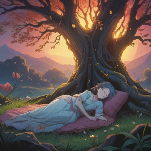 A mystical scene depicting the concept of extreme sleepiness as a spiritual sign, ethereal light illuminating a serene figure resting under a tree, surrounded by fluttering dreamlike butterflies, soft clouds flowing gently in the background, a gentle glow representing positive energy, peaceful expression on the figure's face, hints of vibrant colors symbolizing hope and tranquility, 4k