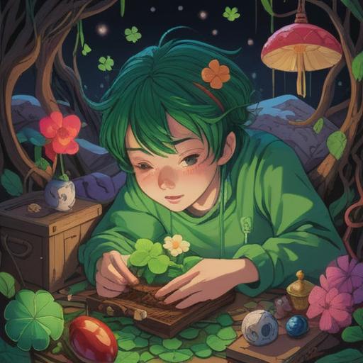A whimsical illustration of a person overcoming overwhelming sleepiness, surrounded by lucky items like a four-leaf clover, a charm, and a bright alarm clock, vibrant colors, cheerful atmosphere, detailed depiction of the character's determination, visual representation of energy and motivation, 4k