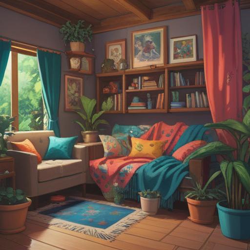 A vibrant and cozy home interior, showcasing various refreshing items that brighten daily life, colorful potted plants, cozy blankets draped over a sofa, scented candles on a coffee table, a steaming cup of herbal tea, natural light streaming through a window, inviting atmosphere, perfect harmony, 4k