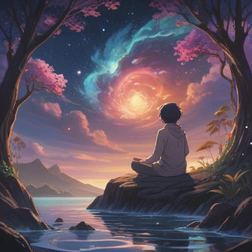 A serene and dreamlike scene, depicting a person meditating under a starry sky, gentle waves of light surrounding them, ethereal and calming colors, soft glows emanating from the body, the atmosphere imbued with tranquility, symbols of spirituality like lotus flowers and mandalas, whispering breeze, capturing the essence of spiritual awakening and the sensation of drowsiness, 4k