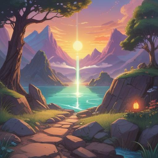 A serene illustration of a mystical power stone glowing softly, surrounded by a tranquil landscape, calming colors, rays of light emanating from the stone, gentle waves of energy flowing, ethereal mist enveloping the scene, symbols of relaxation and rejuvenation, nature elements like trees and flowers, a peaceful ambiance, 4k
