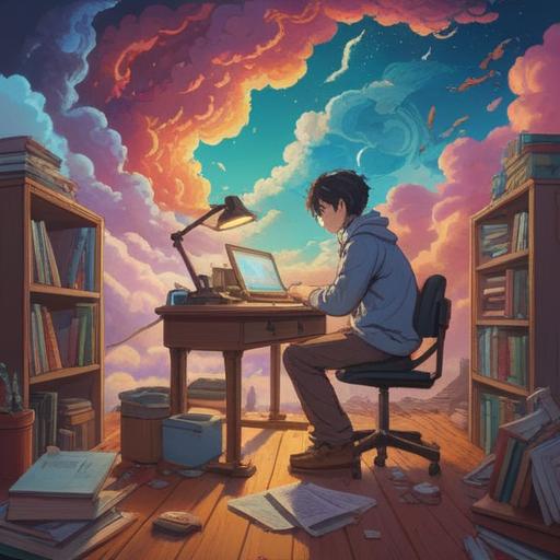 A thought-provoking illustration depicting a person sitting at a desk surrounded by overlapping dream clouds, vibrant colors representing fatigue, a bright light symbolizing awakening insights, books and notes scattered around, showing the struggle against drowsiness, an open window with fresh air flowing in, contemplation and resilience, 4k