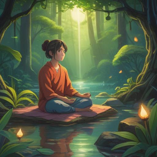 A serene and calming illustration depicting a person meditating peacefully in a tranquil nature setting, surrounded by soft, glowing light, symbols of spiritual awakening, gentle flow of energy around them, vibrant yet soothing colors, ethereal atmosphere, deep connection with the universe, 4k