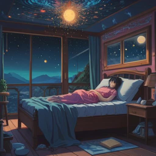 A serene illustration depicting a person feeling drowsy under a starry sky, subtle spiritual symbols floating around, soft light emanating from a crescent moon, hints of ethereal energy, a sense of calm and introspection, gentle colors, peaceful environment, 4k