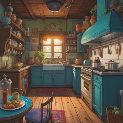 A vibrant illustration of daily life enhancements, creative home organization, playful use of colors, innovative kitchen gadgets, personal touches in decor, cheerful atmosphere, engaging activities with family, joy in simple moments, 4k