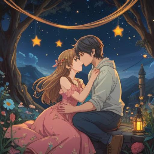 A whimsical scene depicting the spiritual intertwining of drowsiness and love, a serene couple sharing a dreamy moment under a starlit sky, soft pastel colors enveloping them, gentle wisps of dreamy clouds surrounding their embrace, magical glow illuminating their faces, symbols of love and tranquility floating around, ethereal atmosphere, symbolic elements of sleep and romance, 4k