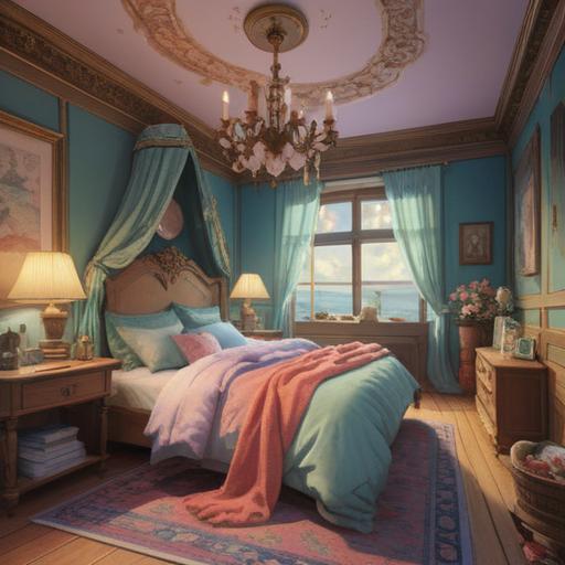 A whimsical illustration of a dreamy romance, enchanted sleep accessories, cozy bedroom setting, dreamy pastel colors, characters smiling in a soft embrace, surrounded by magical items like dreamy pillows and starry blankets, light sparkling effects, warm and inviting atmosphere, 4k resolution