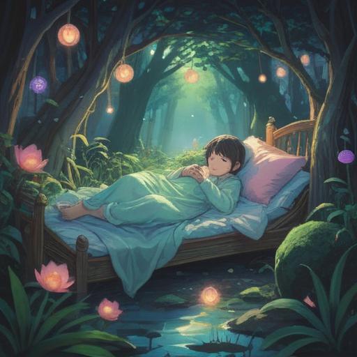 A serene landscape depicting a peaceful sleeping figure surrounded by ethereal light, soft pastel colors, tranquil nature elements, symbolic spiritual motifs such as feathers and glowing orbs, calming atmosphere, harmonious interplay of light and shadow, dreamlike ambiance, 4k