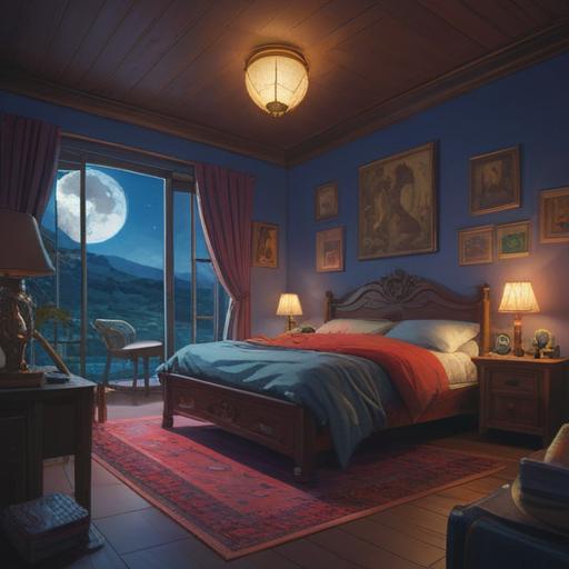 A serene night landscape, a peaceful bedroom with a cozy bed, soft moonlight illuminating the room, a gentle aura surrounding a resting figure, stars twinkling outside the window, symbols of tranquility and dreams, vibrant dreams represented by gentle swirls of color, a calming atmosphere, hints of spiritual enlightenment, 4k