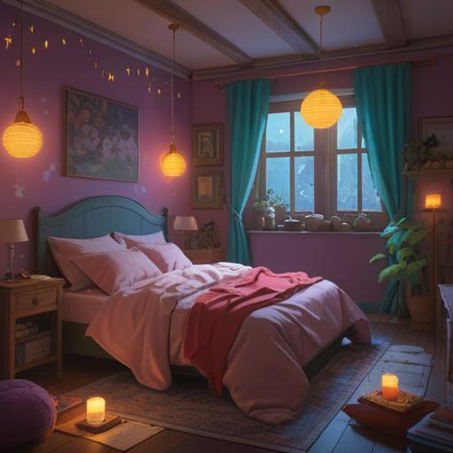 A serene and calming scene depicting a person in a peaceful bedroom, surrounded by soft pillows and gentle lighting, ethereal symbols floating around, representing spiritual signs of awakening, a sense of tranquility and mindfulness, dreamlike atmosphere, hand-drawn details, 4k