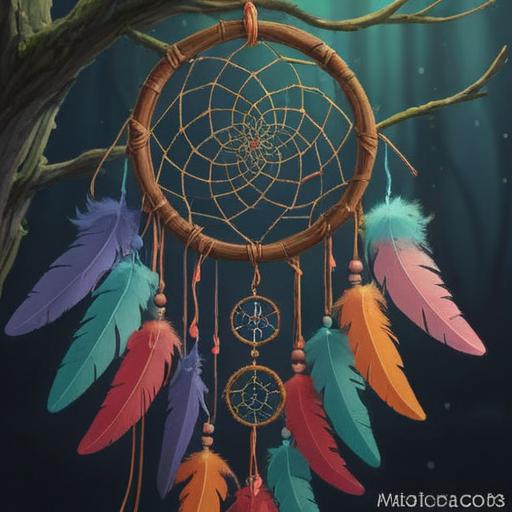 A serene and mystical illustration of a spiritual sleep support lucky item, featuring a beautifully crafted dream catcher adorned with crystals and feathers, surrounded by calming celestial elements like stars and moons, soft glowing light emanating from the dream catcher, tranquil atmosphere, vibrant colors, detailed textures, enchanting aura, 4k