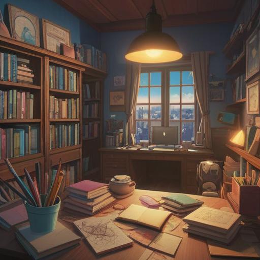 An organized desk loaded with notebooks and open textbooks, various colored sticky notes scattered around, a warm lamp illuminating the scene, a cup of coffee steaming beside the notes, a laptop showing a summary document, cozy study environment, bright natural light filtering through a window, focused atmosphere, inviting and motivating space, 4k