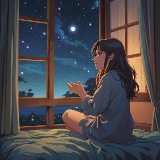 A serene night scene, a woman sitting on her bed gazing at the stars through an open window, ethereal glow surrounding her, floating thoughts represented as gentle wisps of light, tranquil atmosphere, symbolic of spiritual awakening, deep introspection, connection to the universe, 4k