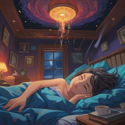 A mystical illustration of a person lying awake in bed, surrounded by ethereal wisps of energy, glowing symbols in the air representing spiritual signs, a darkened room illuminated by soft, otherworldly light, a clock showing late hours, subtle hints of anxiety visible on the character's face, dreamy and surreal atmosphere, intricate details in the background, 4k