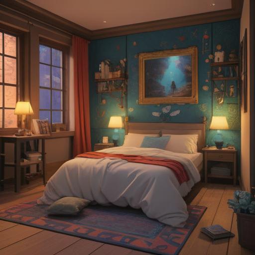 A serene bedroom setting, with calming power stones arranged on a bedside table, soft ambient lighting, a cozy bed with fluffy pillows, soothing colors like lavender and light blue, a gentle aura of tranquility, a window showing a starry night sky, peaceful atmosphere, promoting restful sleep, 4k