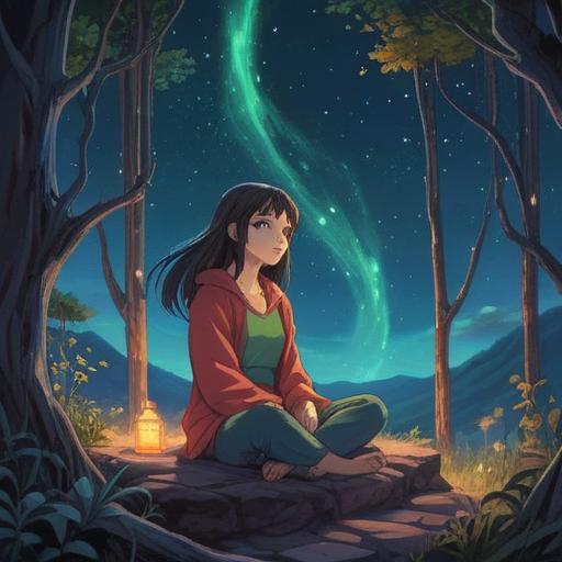 A serene and ethereal night scene, a figure sitting peacefully in meditation under a starry sky, glowing constellations symbolizing guidance and clarity, soft moonlight illuminating the surroundings, gentle waves of energy visible in the air, symbols of spirituality integrated into the landscape, tranquil atmosphere, 4k