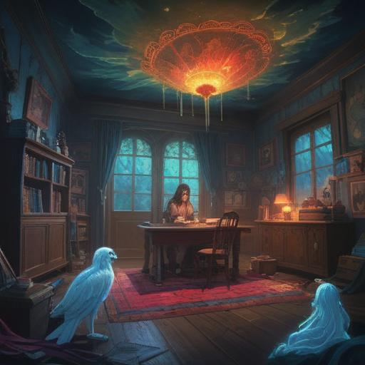 A mystical scene depicting signs of spiritual awareness during a sleepless period, ethereal light shining through a darkened room, ghostly figures representing intuition and guidance, soft whispers echoing in the air, a celestial clock showing late hours, starry night sky visible through the window, tranquil yet haunting atmosphere, focused on a person in meditation, 4k